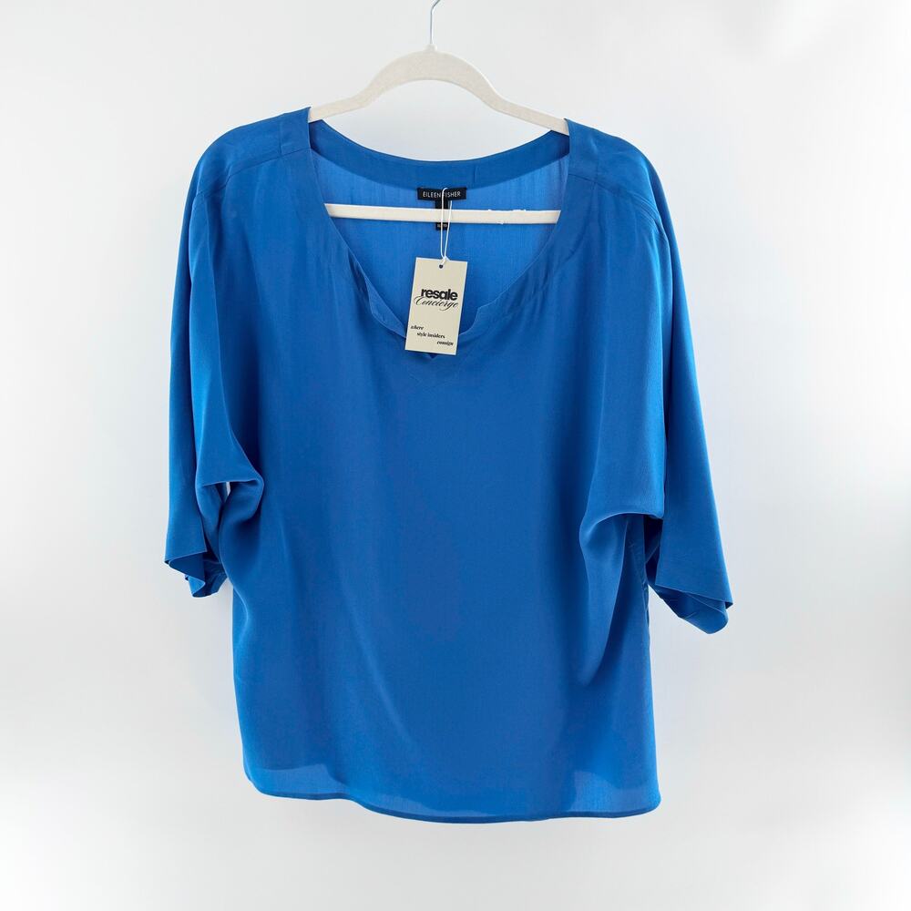 Eileen Fisher Silk Short Sleeve Scoop Neck Blouse Top Blue Women's Size XL